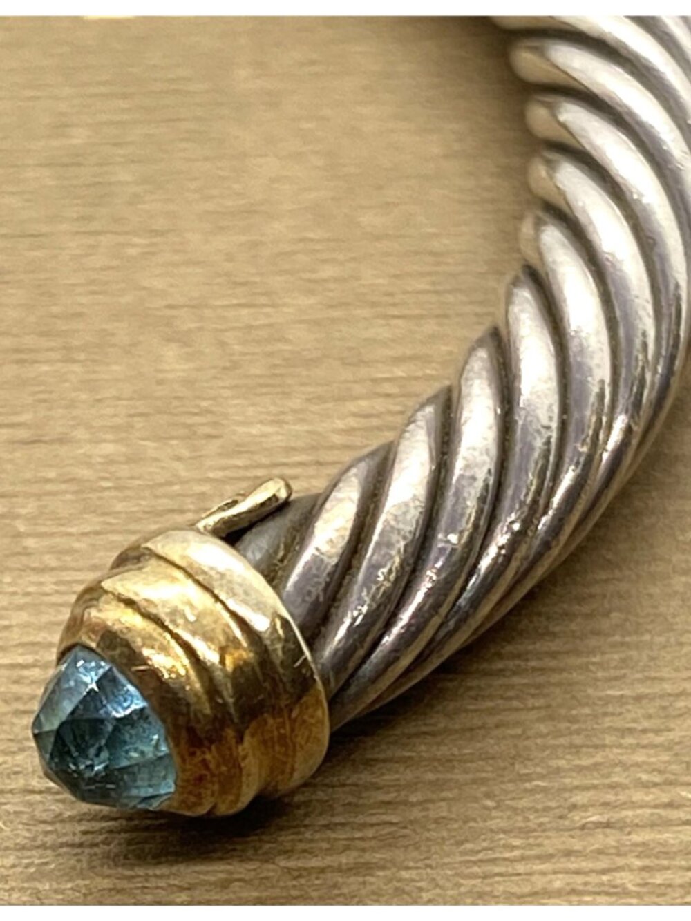 David Yurman Sterling Silver 925 Gold 5mm Cable Cuff Bracelet Blue Stone - Picture 9 of 16